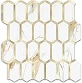 Vamos Tile Long Hexagon Peel and Stick Tile Backsplash - 10 Sheets Stick on Backsplash for Kitchen and Bathroom Calacatta Gold Mixed Metal Light Gold PVC Self Adhesive Mosaic Wall Tiles(Seamless)