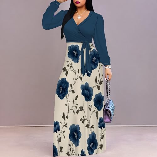 Image of PinkPatty Women's Long Sleeve Maxi Dress Plus Size Trendy Wedding Guest Dress with Pockets&Belt