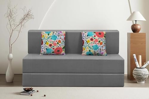 Image of Rosebell Foldable 2 Seater Sofa Cum Bed, Sofa Bed 4X6 Feet, Jute Fabric- Washable Cover- Including Two Cushion Perfect for Home & Office-Grey Color