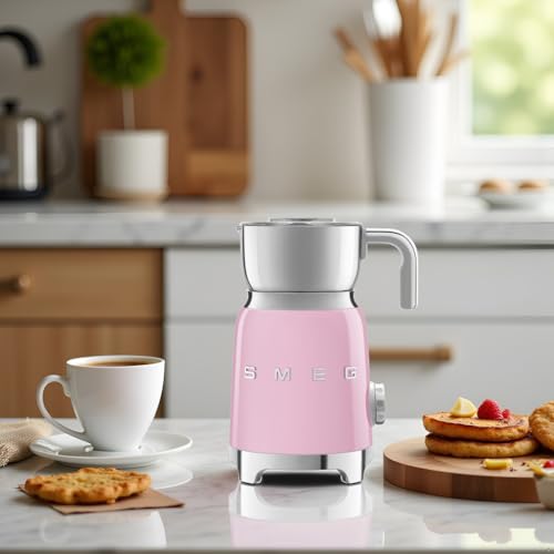 Image of SMEG Retro 50's Style Milk Frother with 2 Disks 6 Preset Programs Hot or Cold Frothing and Induction Heating (Pink)
