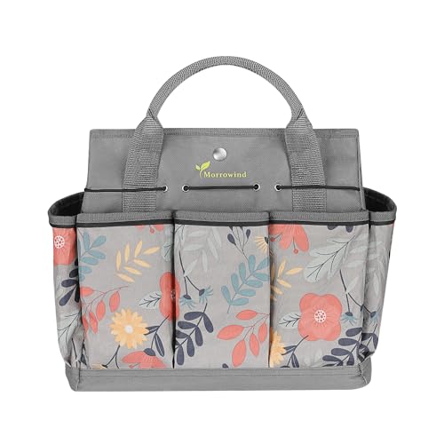MORROWIND Garten Werkzeugtasche, 30 x 17 x 25 cm Tragbar Gartentasche Wasserdicht Aufbewahrungstasche Oxford Stoff Garten Werkzeug Werkzeugorganisator mit 8 Außentaschen für Gartenarbeiten, Floral Rot