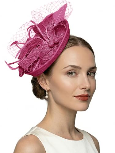 KUTTOR Women Fascinators Hats Tea Party Headband Hair Clip Feathers Hat for Wedding Cocktail Party (1.0 Hot Pink)