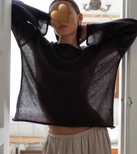 Sweters for Women, Womens Sweater, O-Neck Solid Color See Through Pullover Jumper Shirt Beach2