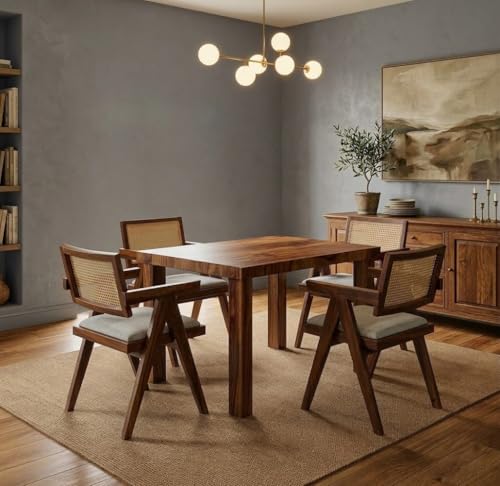 Image of Dining Table Set of 4, Wood 4 Seater Dining Table with Chair | Wooden Dining Table 4 Seater for Living Room || Folding Dining Table || Dining Room Furniture || Cane Chairs for Balcony Honey Finish
