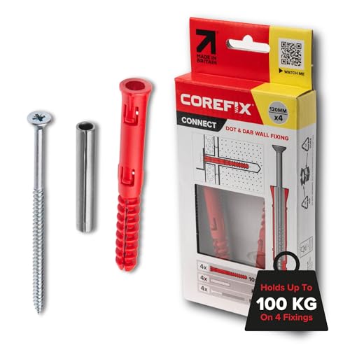 Corefix 4 x 120mm Heavy Duty Dot & Dab Wall Fixings - Plasterboard Over Blockwork Wall Plugs & Screws - For TV Wall Bracket Radiators Shelving & More - Holds 100kg On 4 Fixings