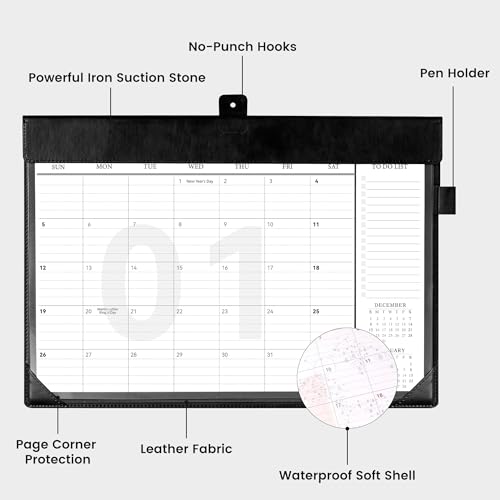 FLYING EAGLE Desk Calendar 2026, Jan 2026-Dec 2026, Large Desk Calendar with To-Do Lists, 12 Months Leather Desk Pad Wall Calendar with PVC Cover for Work Office School Home Women Men, 17 x 12, Black — view 2