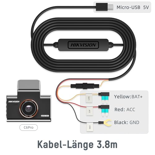 Hikvision C6PRO Buckline, Micro Hardwire-Kit, 12.5ft/3.8 Meter Auto-Ladekabel-Kabel, Parküberwachung mit Unterspannungsschutz, für Dashcam 24Std. Parkmodus