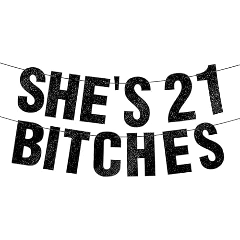 JunyRuny She's 21 Bitches Black Glitter Banner, 21st Birthday Decorations for Her, 21 Birthday Party Backdrop, 21st Birthday Gifts for her, 21st Birthday Sign, Funny 21st Birthday Decorations Cover