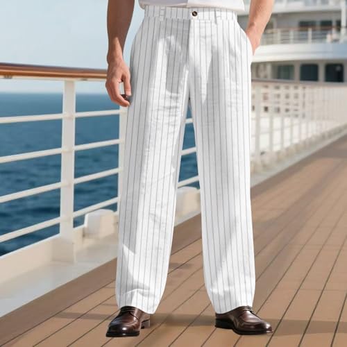 Mens Linen Striped Casual Business Pants Button Zipper High Waist Beach Pants Lightweight Breathable Office Trousers4
