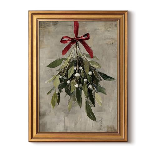 InSimSea Gold Framed Christmas Wall Art, Vintage Canvas Prints Decor, Mistletoe Paintings Wall Shelf Decor, Farmhouse Pictures for Winter Bedroom Holiday Decoration Gifts, 12x16inch