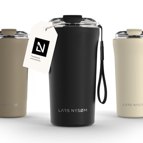 Image of LARS NYSOM Thermo Coffee Mug to go with Strap 17oz | Travel Mug 0.5 Liter with Insulation | Leak Proof Stainless Steel Thermal Tumbler for Coffee and Tea to Go (Carbon Black, 17oz)