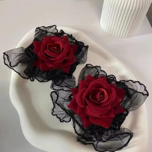Gothic Rose Lace Gloves Lolita Hand Sleeve Black Lace Elastic Bracelet Wine Red Flower Wrist Cuff Dress Accessories for Women Girls Wedding Halloween Prom Costume Accessories 1 Pair3