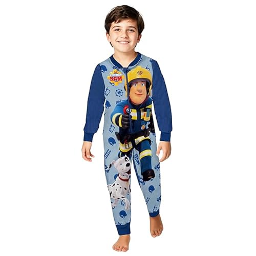 United Labels Feuerwehrmann Sam Jumpsuit für Jungen, Blau, 110-116, Fleece Overall Langarm, Einteiler Schlafanzug, Kuschelanzug für Kinder
