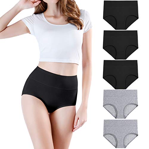 wirarpa Women's Cotton Underwear High Waist Briefs Full Coverage Panties Ladies Comfortable Underpants 5 Pack Assorted Large