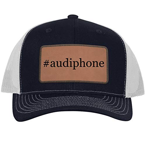 #Audiphone - Hashtag Leather Dark Brown Patch Engraved Trucker Hat, NavyWhite, One Size
