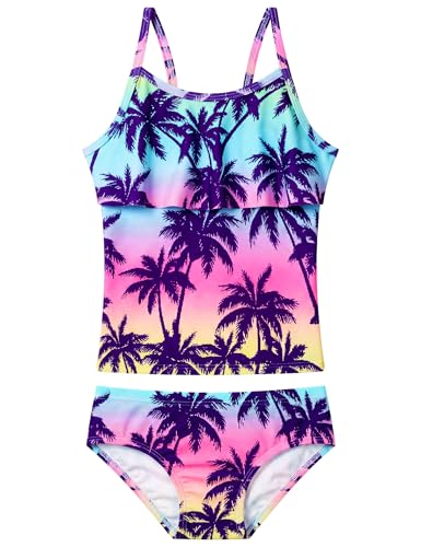 Image of Girls Tankini Swimsuit UPF50+ Ruffle 2 Piece Bathing Suit Full Coverage Kids Swimwear Ages 2-14 Years
