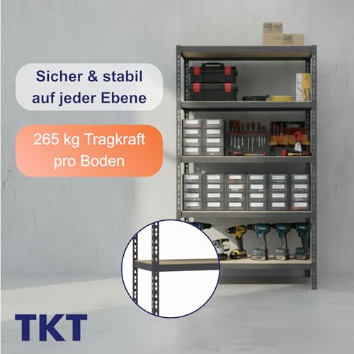 TKT – Work System Steckregal mit Holzböden & Unterzug 180x92x46cm - Regal mit 265kg Tragkraft pro Boden. Schwerlastregal mit 5 Böden für Werkstatt, Wohn- & Kellerraum. Anthrazit