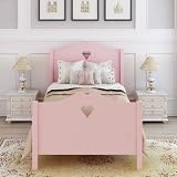 AOCOROE Twin Bed Frame for Girls Princess Bed,Pink Wood Twin Size Platform Bed with Headboard, Foot