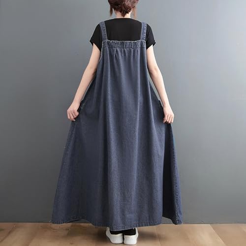 Image of Women's Casual Loose Denim Dress Sleeveless Adjustable Straps Denim Jumper Dress with Pockets