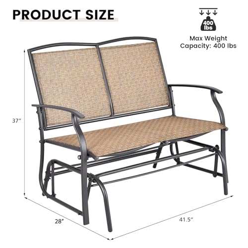 Image of Giantex Patio Glider Bench, 400 Lbs Capacity, Steel Frame, Brown, Outdoor Swing Chair, 2-Person Loveseat, Back Support, Ergonomic Design, Superior Fabric, Natural Style