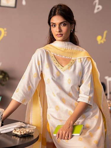 Image of Libas Woven Design Cotton Blend Straight Kurta With Salwar and Dupatta