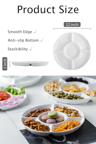 LAUCHUH Veggie Tray Set of 2, Porcelain Chip & Dip Serving Set Divided Serving Platter White Serving Tray for Party, Fruits, Veggies, Candy, Snack, Dessert, 12 inch - Thumbnail 3