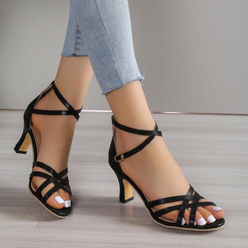 Women's Strappy High Heeled Sandals Open Toe Ankle Strap Heels Comfy Weddings Shoes Comfortable Dressy Cute Trendy Heeled Sandals Short Thick Slingback Heels3