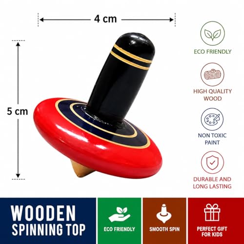 Image of Wooden Spinning Top for Kids, Traditional Handmade Toy, Red and Yellow, Montessori Educational Toy, Birthday Gift for Boys and Girls