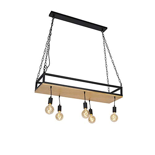 Qazqa Esstisch Industrie Pendelleuchte, Pendellampe - Shelf - Schwarz, Rechteckig, Holz, 5-flammig, 100cm, Ideal als Esszimmerlampe und Wohnzimmerlampe