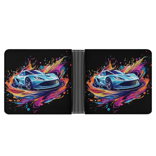 Blue Sports Car Bifold Wallet PU Leather Coin Purse Lightweight Credit Card Holder Wallet Money Clip