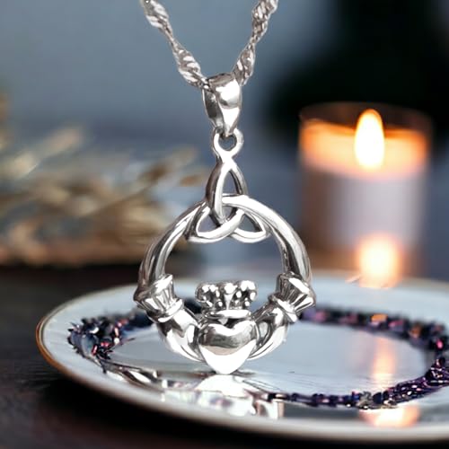 925 Sterling Silver Irish Claddagh Necklace - Trinity Celtic Knot Pendant with 20" Inch Chain - Hands Holding Heart Crown Charm - Love Celtic Jewelry for Women Girls2