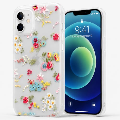 Image of SQUIF for iPhone 12 Back Case Cover Soft Silicone Translucent Matte Floral Printed Camera Protection (White)