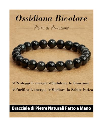 Landorilo Bracciale in Pietra Preziosa Naturale Fatto a Mano 19 cm Elastico per Donna Uomo, 8MM Pietre Gemme Rotonde Altamente Lucide Bracciali Yoga, Braccialetti Chakra Ossidiana Bicolore