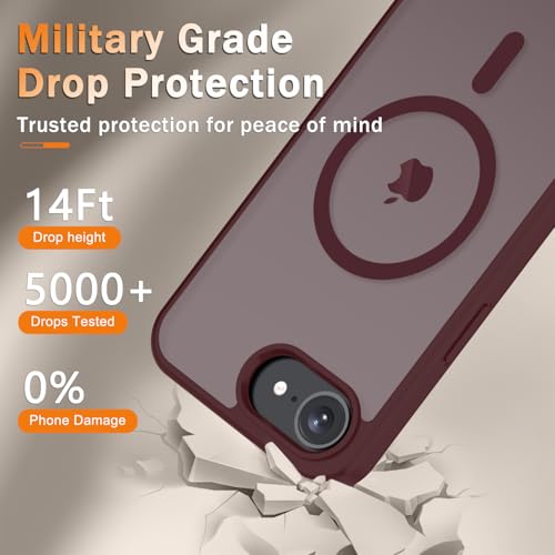 Image of YENAPOON for iPhone 17e Case, iPhone 16e Case, Matte Magnetic Phone Cover [with 1 Screen Protector] [Support for MagSafe] [Shockproof Military Grade Protection] Translucent Frosted Back, Wine Red