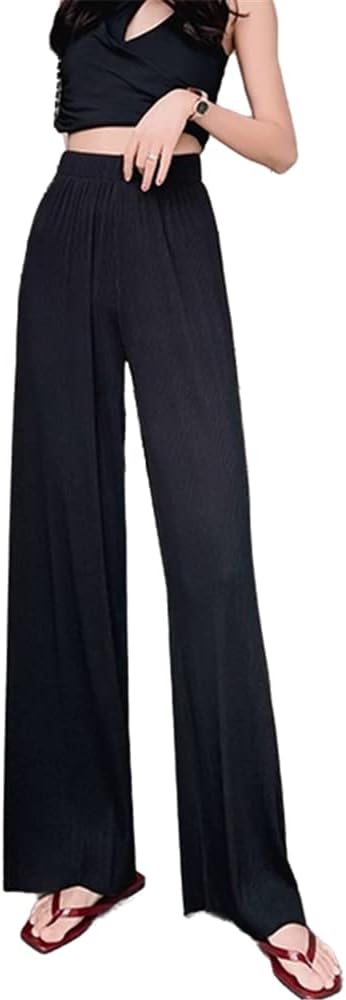 Jielur Waist Pants Female Thin Simple Loose Straight Women Trousers Black
