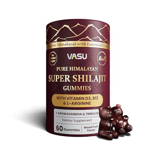 Vasu 6 in 1 Pure Himalayan Gold Shilajit Gummies for Men & Women with Vitamin D3 & B12 L-Arginine Ashwagandha & Tribulus - Sugar Free Shilajit Resin - 60 Counts for Energy Support - Lab Tested