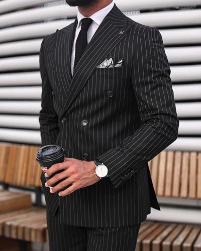 Mens Pinstripe Suit 2 Piece Double Breasted Suit Slim Fit Suits Wedingg Prom Party Suit Set Casual Business Suit4