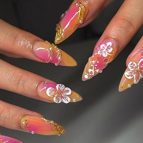 VOTACOS 24PCS Pink Acrylic Press on Nails Almond Medium 3D White Flower Fake Nails Press Ons with Designs Spring Summer Glue on Nail for Women Pearl Golden Bead Reusable Artificial Stick on False Nail — view 6