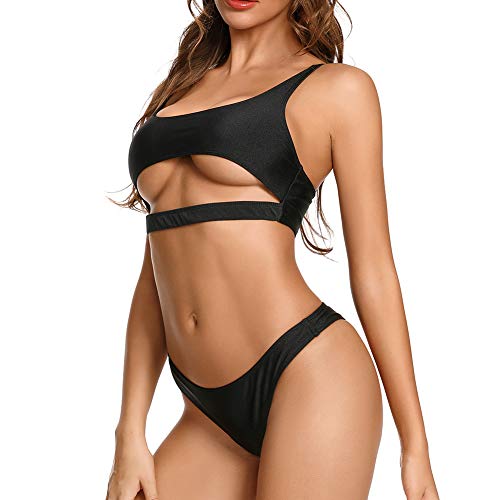 Dixperfect Women's Strappy Underboob Two Pieces Bikini Sets Sports Bra Cut Out Bathing Suit High Cut Leg Bottom (M, Black) - Image 4