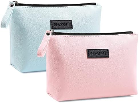 Small Makeup Bag MAANGE Small Travel Cosmetic Bag Portable Makeup Pouch Waterproof PU Leather Makeup Bag with Handle Cute Versatile Zipper Pouch for Women (Blue)