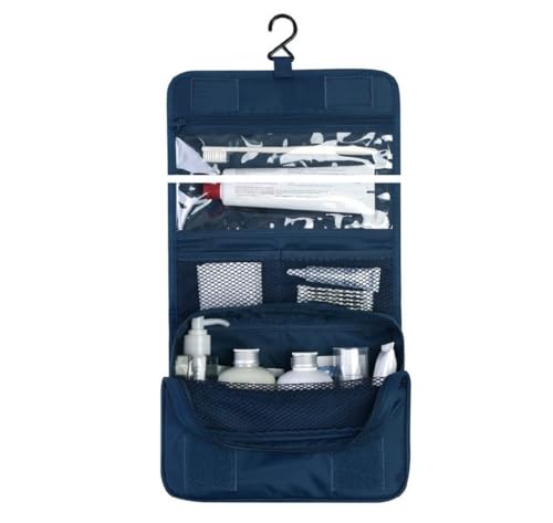 Image of GLUN Hanging Toiletry Bag, Navy Blue Colour Waterproof Large Cosmetic Makeup Travel Organiser for Men & Women, Sturdy Hook Velcro Closing Foldable Bag