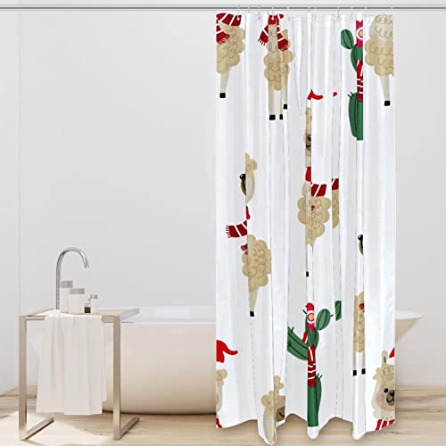 Rideau de douche motif alpaga et cactus textile lavable avec anneaux - 3