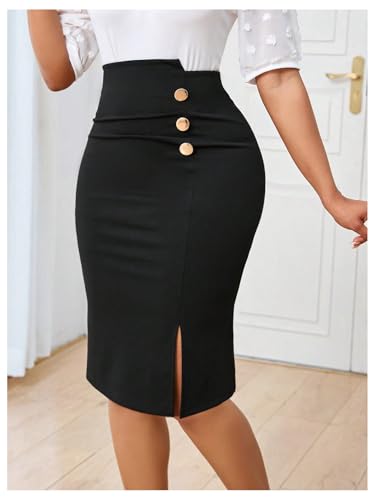 SOLY HUX Women's High Waisted Skirts Button Split Hem Bodycon Knee Length Skirt for Work Business3