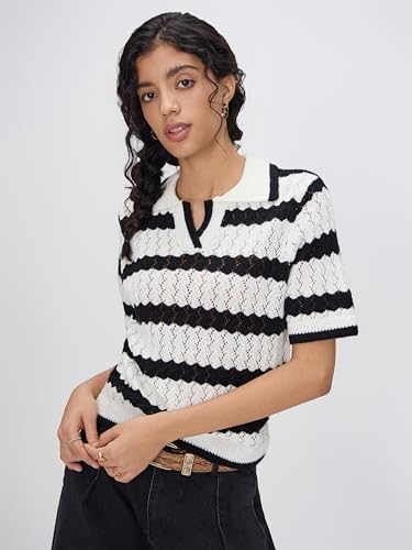 CIDER Women T Shirts Collared Short Sleeve Hollow Out Striped Knitted Tops Casual Summer Outfits4