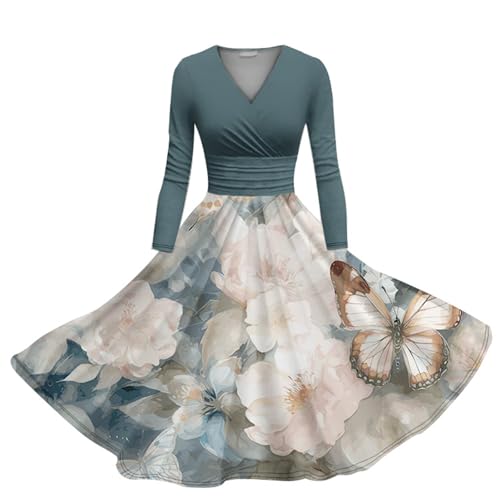 Janly Vestido Mujer Elegante Rebajas Mujer Vestido con Tirantes de Manga Larga con Nuevo patrón y Estampado Floral de otoño e Invierno para Mujer Vestidos Elegantes Mujer Vestidos (Green, XXXXL)