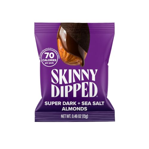 Image of SkinnyDipped Super Dark Chocolate + Sea Salt Almonds, Vegan, Healthy Snack, Plant Protein, Gluten Free, 0.46 oz Mini Bags, Pack of 24 | Crunchy Whole Almonds Thinly Dipped in Chocolate | Vegan | Gluten Free | Plant Protein Snack Packs