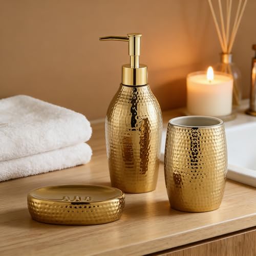 Seifenspender Set Gold, 3-TLG Badzubehör Set aus Keramik, Seifenschale und Luxuriöses Zahnputzbecher für Badezimmer & Gäste-WC