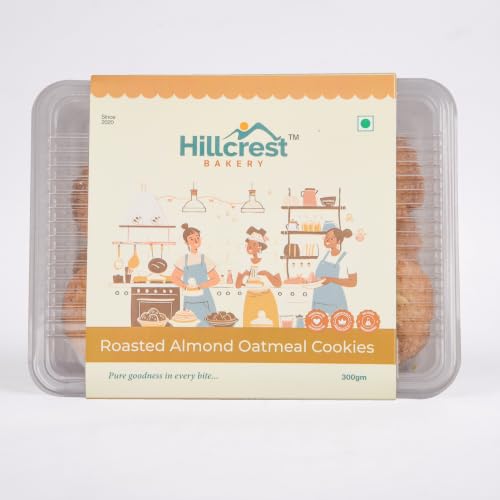 Image of Hillcrest Bakery Roasted Almond Oatmeal Cookies, 18 Pieces, 300 Grams | Premium Baked Snack | Crispy & Delicious | Tea Time Treat | Suitable for Everyday Snacking | Hygienically Packed
