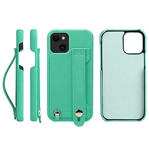 iPhone13 ケース Handy ハードケース PUレザー 耐衝撃 スタンド機能 ハンディベルト ハンドメイド ストラップホール ストラップリング カードポケット ミントグリーン 薄荷色 春緑色 H6-13-MintGreen