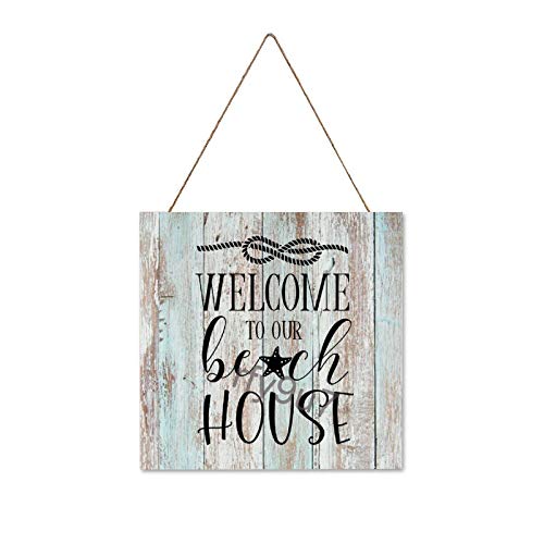 Decorative Wood Plaques Wall Decor Sign, Farmhouse Rustic Home Wall Hanging Art, Welcome to Our Beach House Wooden Sign, Lake Cabin Wall Decor for Porch Entryway Corridor, 12x12 Inch